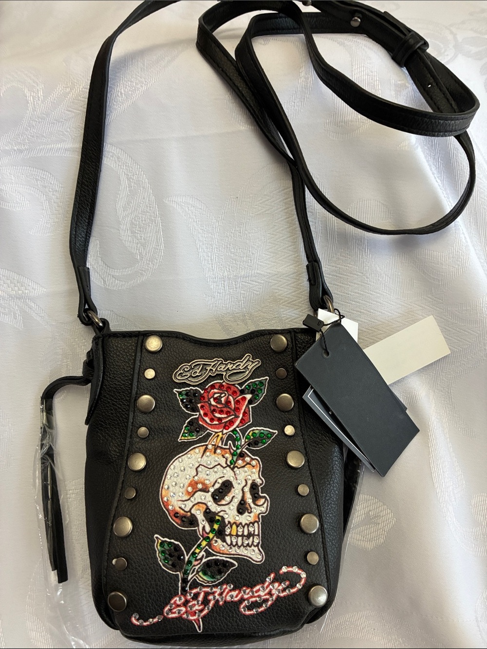 Ed Hardy Black Crossbody Bag with Red Rose & Skull Embroidery